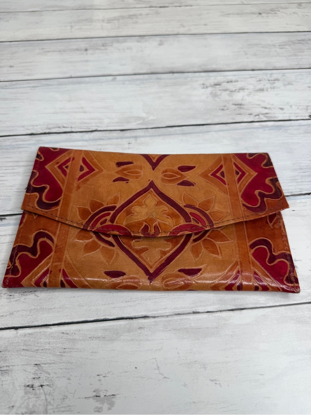 Leather Envelope Clutch in Tan and Burgundy